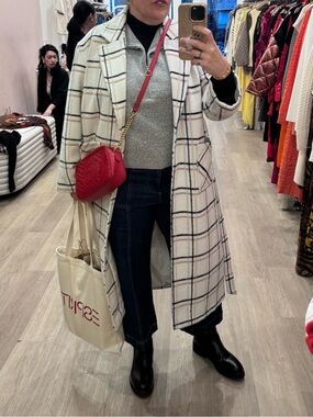 Plaid Long Wool-Blend Overcoat with Windowpane Check